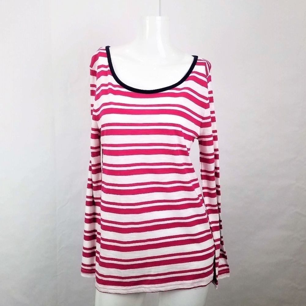 Banana Republic Pink & White Roll Tab Long Sleeve Striped Scoop Neck Relaxed Top